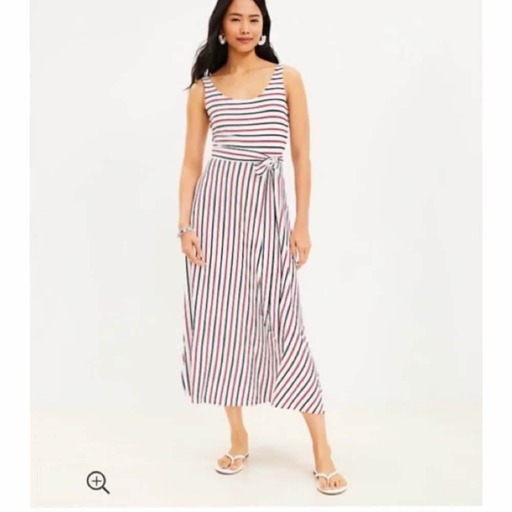 Loft Striped Tie-Waist Sleeveless Midi Dress Medium‎ NWT